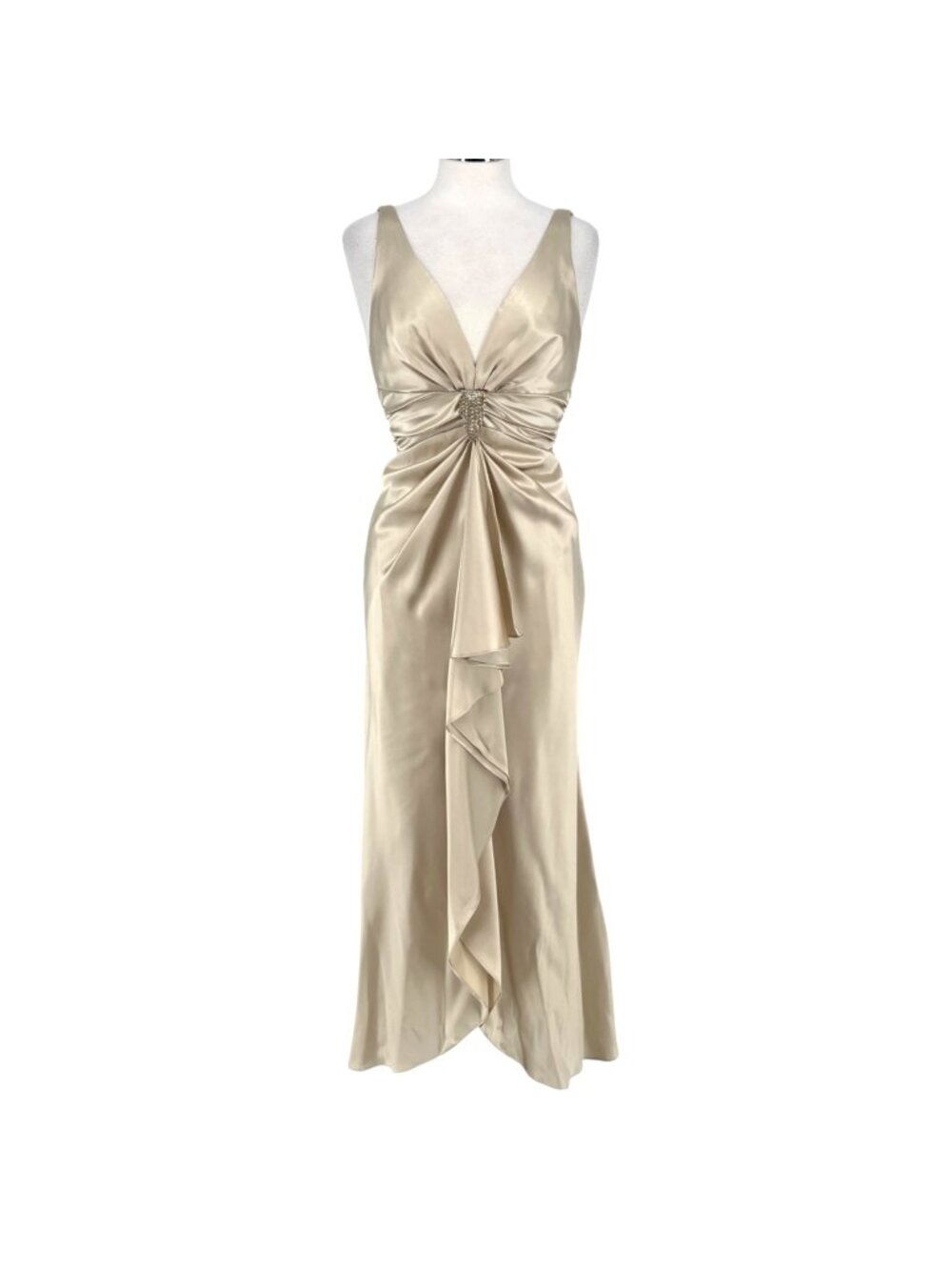 Faviana Vintage 90s Champagne Satin Rhinestone Empire Waist Gown Dress Size 7/8